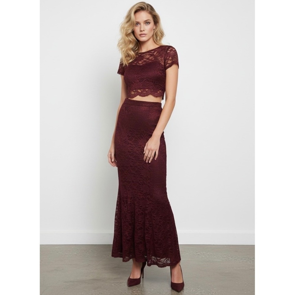 Speechless Metalic‎ Burgundy Lace 2 Piece Maxi Dress Set Metallic Floral Size 5